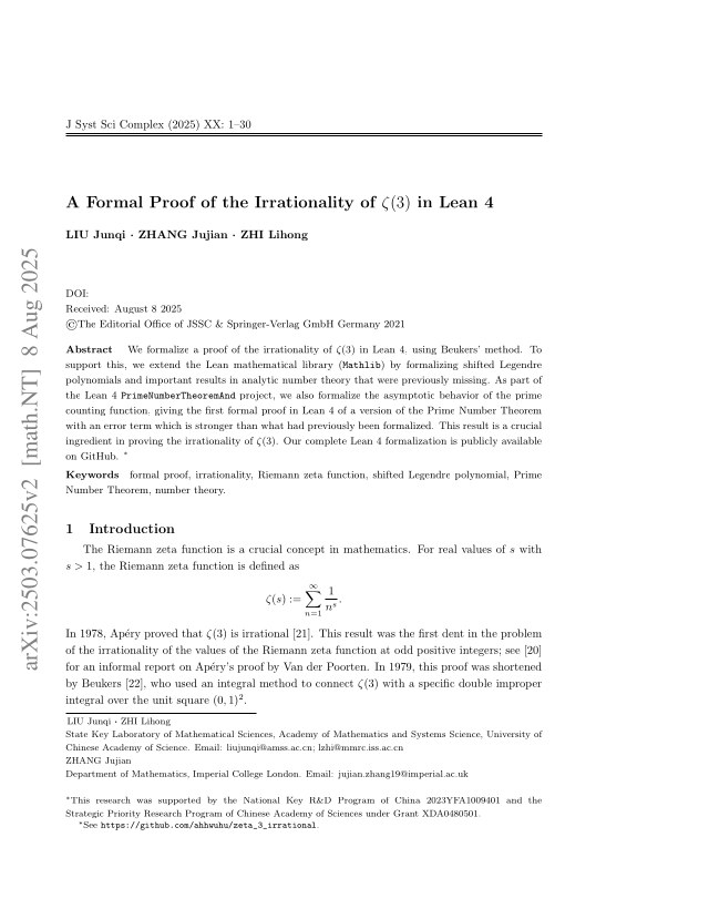 First page of A Formal Proof of the Irrationality of $ζ(3)$ in Lean 4