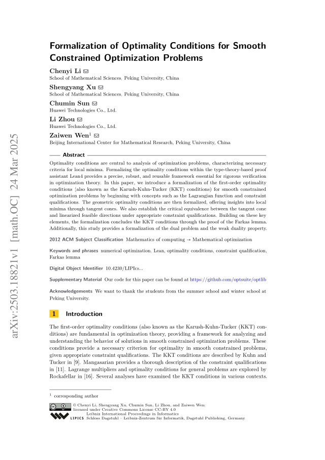 First page of Formalization of Optimality Conditions for Smooth Constrained Optimization Problems
