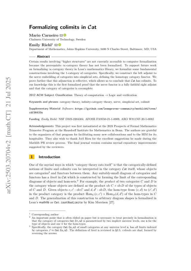 First page of Formalizing colimits in Cat