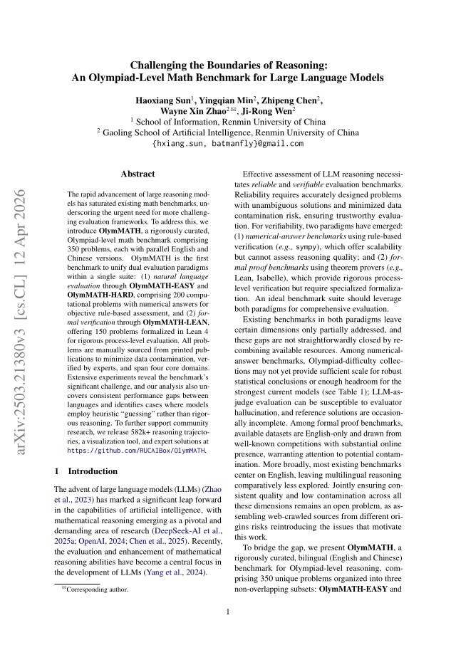 First page of Challenging the Boundaries of Reasoning: An Olympiad-Level Math Benchmark for Large Language Models