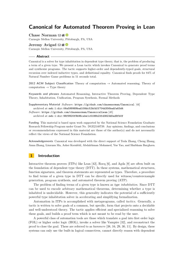 First page of Canonical for Automated Theorem Proving in Lean