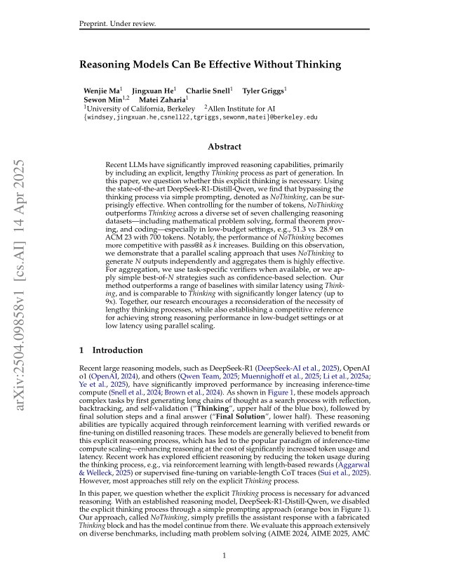 First page of Reasoning Models Can Be Effective Without Thinking