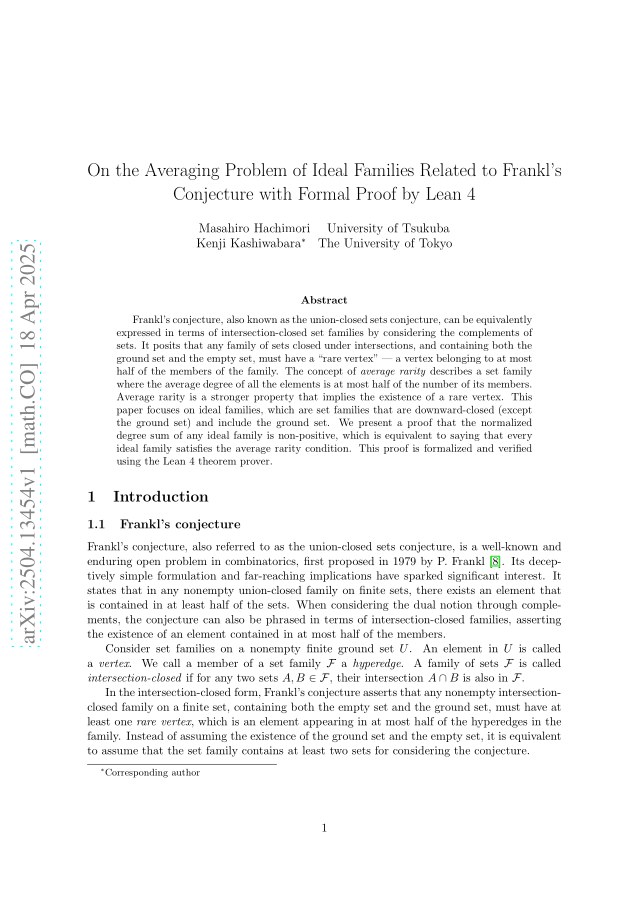 First page of On the Averaging Problem of Ideal Families Related to Frankl's Conjecture with Formal Proof by Lean 4