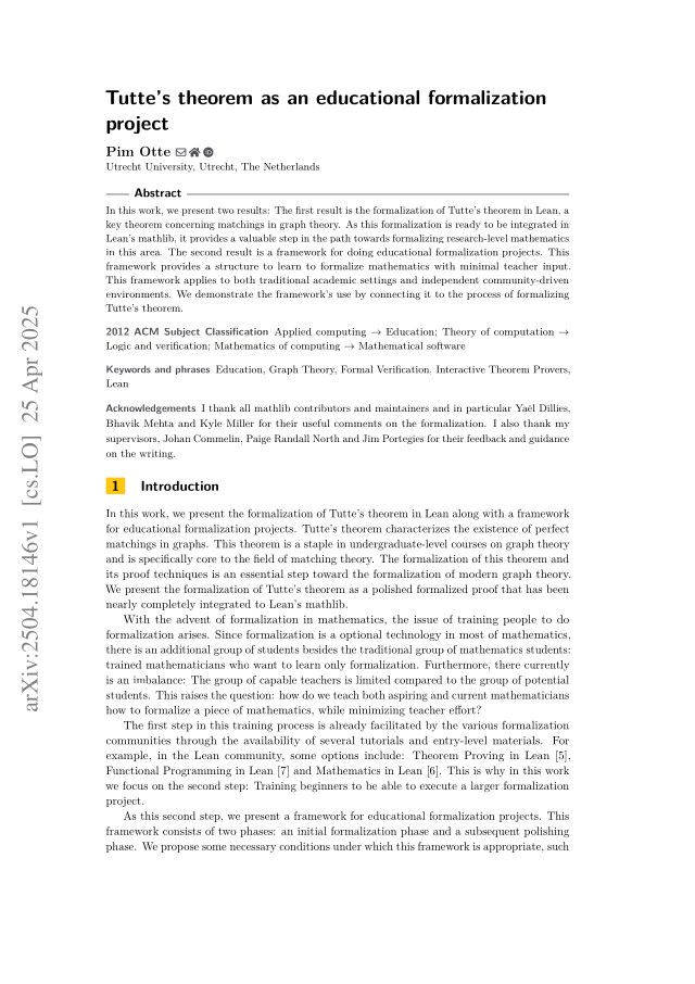 First page of Tutte's theorem as an educational formalization project