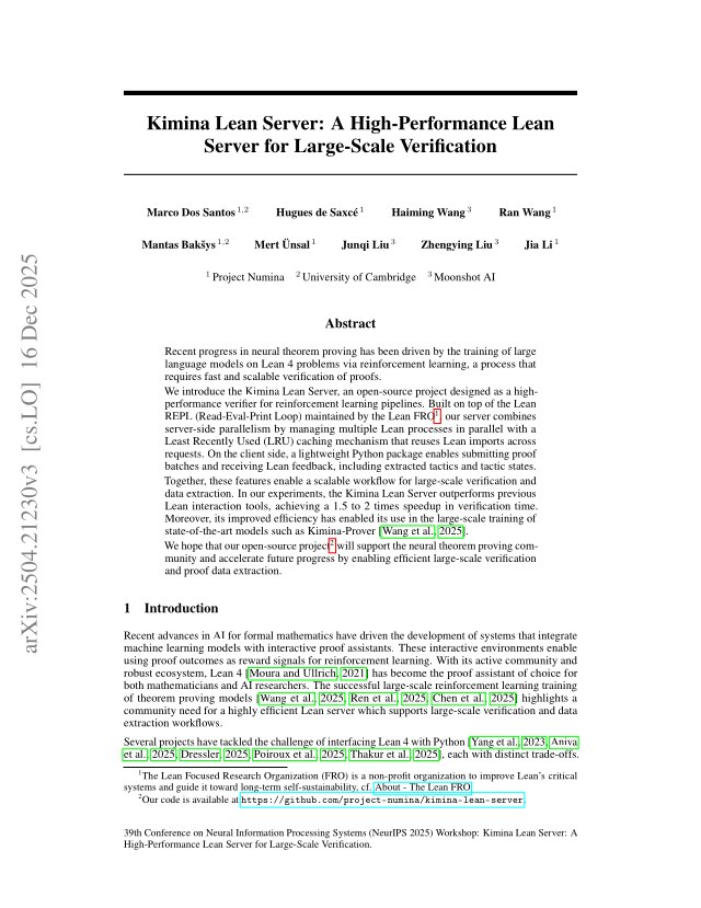 First page of Kimina Lean Server: A High-Performance Lean Server for Large-Scale Verification