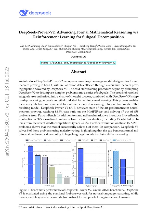 First page of DeepSeek-Prover-V2: Advancing Formal Mathematical Reasoning via Reinforcement Learning for Subgoal Decomposition