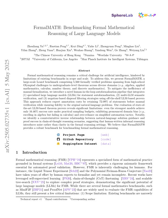 First page of FormalMATH: Benchmarking Formal Mathematical Reasoning of Large Language Models
