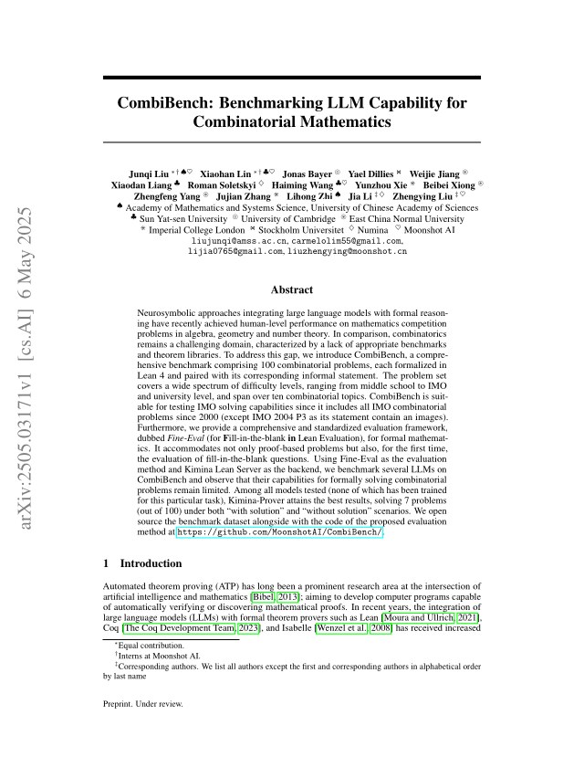 First page of CombiBench: Benchmarking LLM Capability for Combinatorial Mathematics