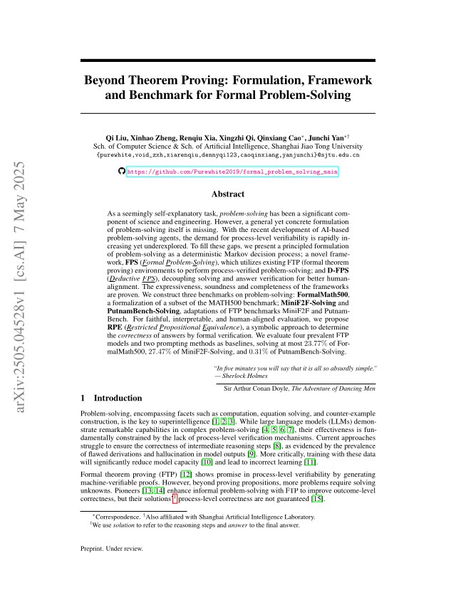 First page of Beyond Theorem Proving: Formulation, Framework and Benchmark for Formal Problem-Solving