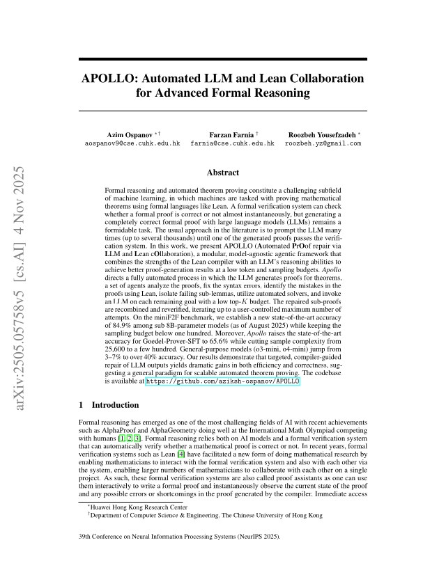 First page of APOLLO: Automated LLM and Lean Collaboration for Advanced Formal Reasoning