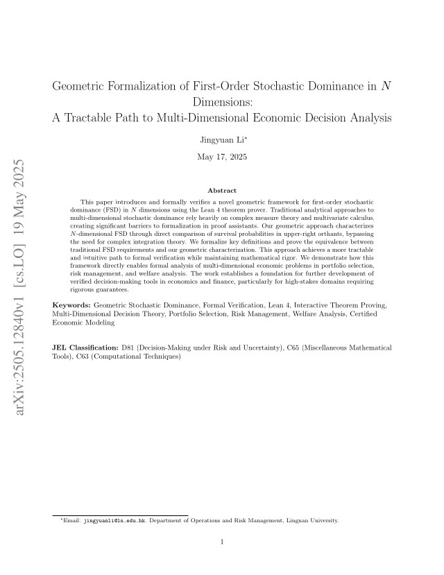 First page of Geometric Formalization of First-Order Stochastic Dominance in $N$ Dimensions: A Tractable Path to Multi-Dimensional Economic Decision Analysis