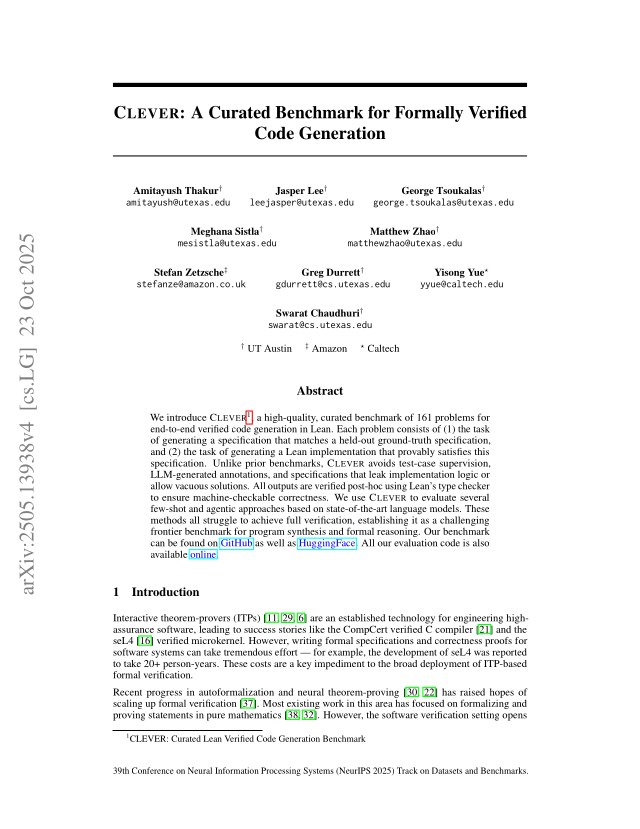 First page of CLEVER: A Curated Benchmark for Formally Verified Code Generation