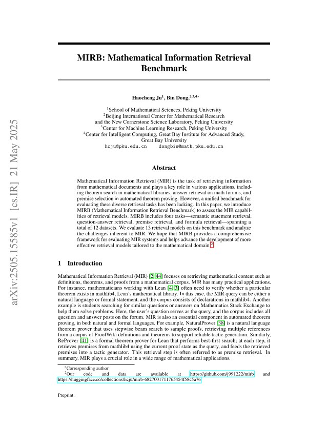 First page of MIRB: Mathematical Information Retrieval Benchmark