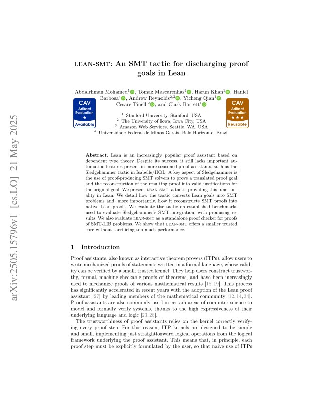 First page of Lean-SMT: An SMT tactic for discharging proof goals in Lean