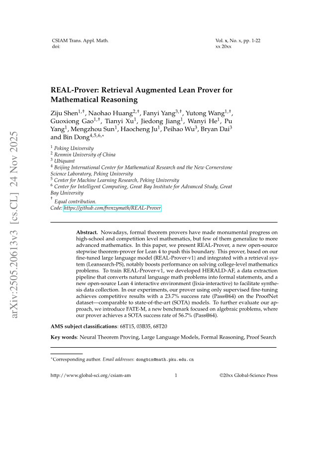 First page of REAL-Prover: Retrieval Augmented Lean Prover for Mathematical Reasoning