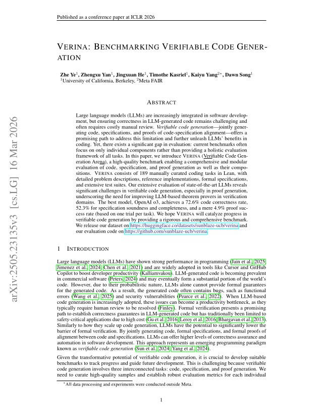 First page of VERINA: Benchmarking Verifiable Code Generation