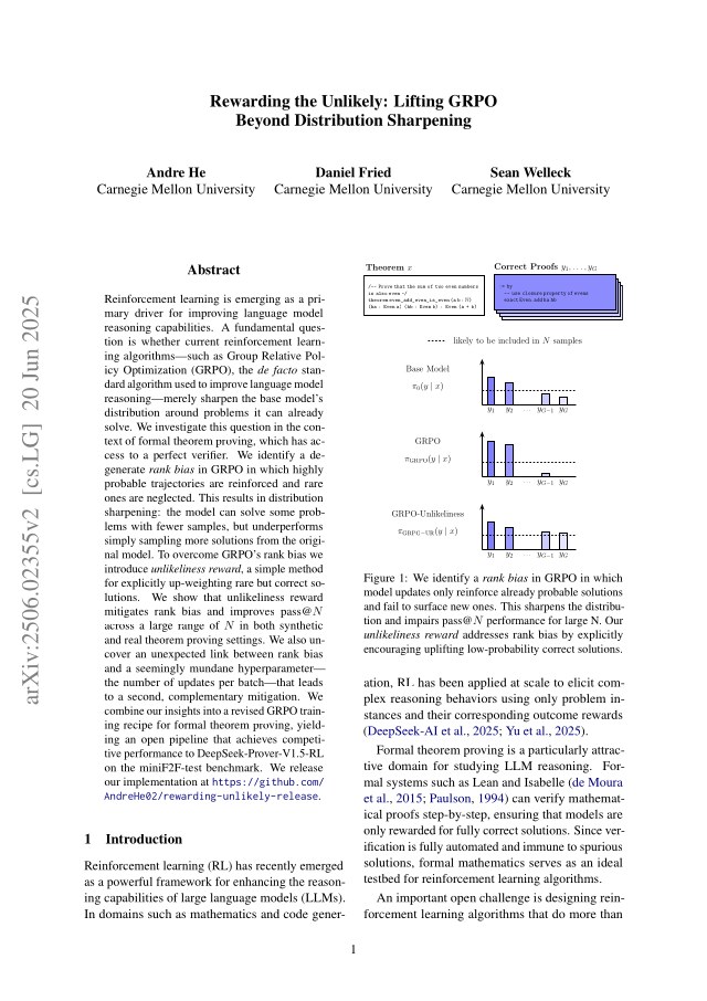 First page of Rewarding the Unlikely: Lifting GRPO Beyond Distribution Sharpening
