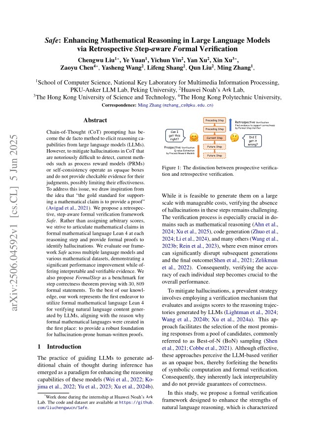 First page of Safe: Enhancing Mathematical Reasoning in Large Language Models via Retrospective Step-aware Formal Verification