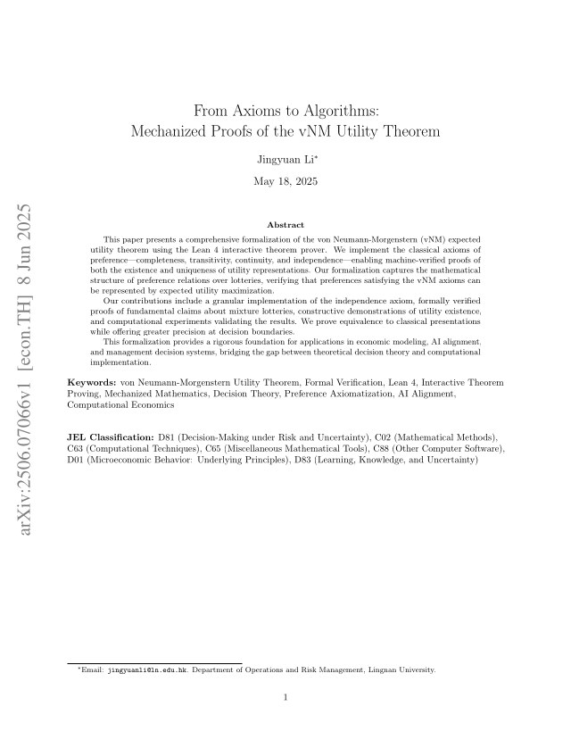 First page of From Axioms to Algorithms: Mechanized Proofs of the vNM Utility Theorem