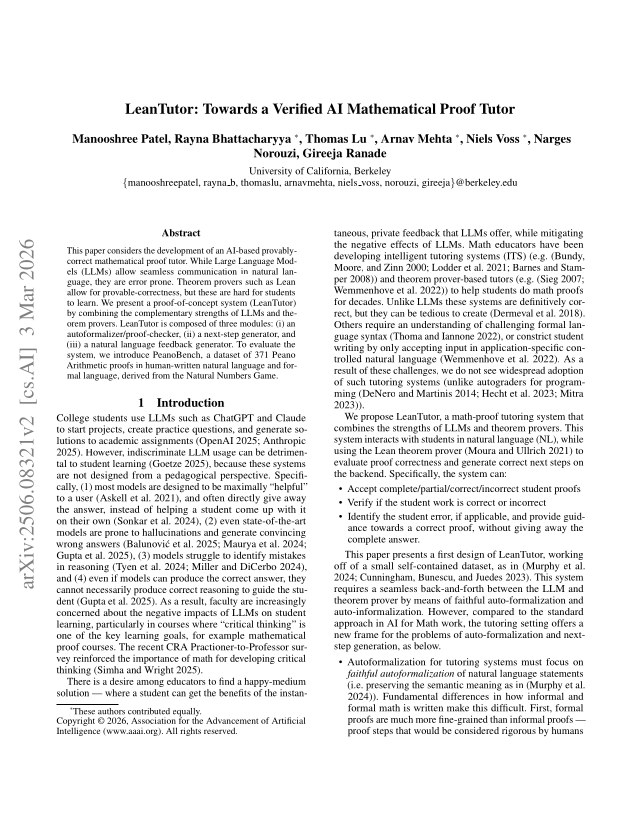 First page of LeanTutor: Towards a Verified AI Mathematical Proof Tutor