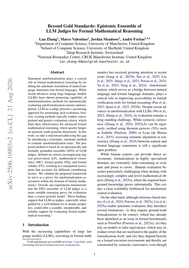 First page of Beyond Gold Standards: Epistemic Ensemble of LLM Judges for Formal Mathematical Reasoning