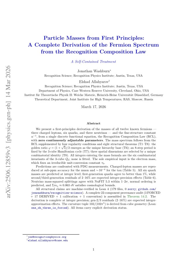 First page of A Complete Derivation of the Fermion Spectrum from the Recognition Composition Law