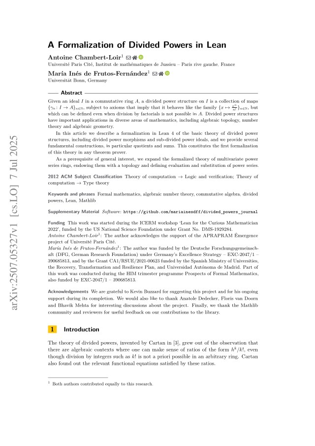 First page of A Formalization of Divided Powers in Lean