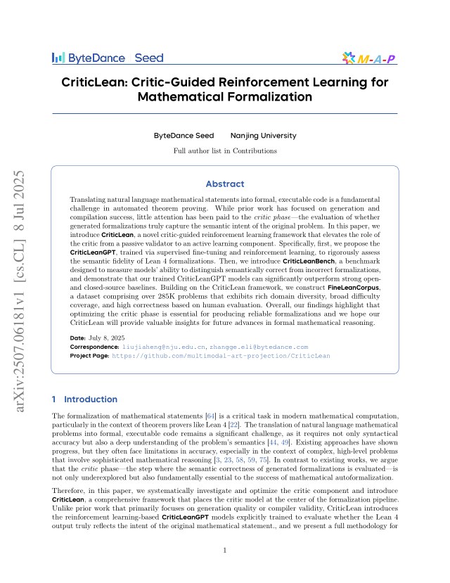 First page of CriticLean: Critic-Guided Reinforcement Learning for Mathematical Formalization