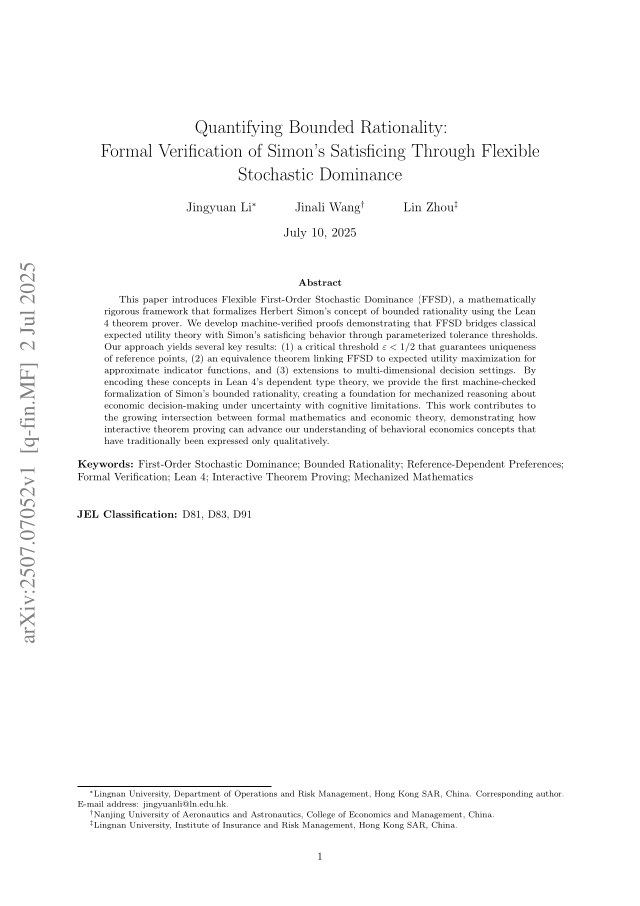 First page of Quantifying Bounded Rationality: Formal Verification of Simon's Satisficing Through Flexible Stochastic Dominance