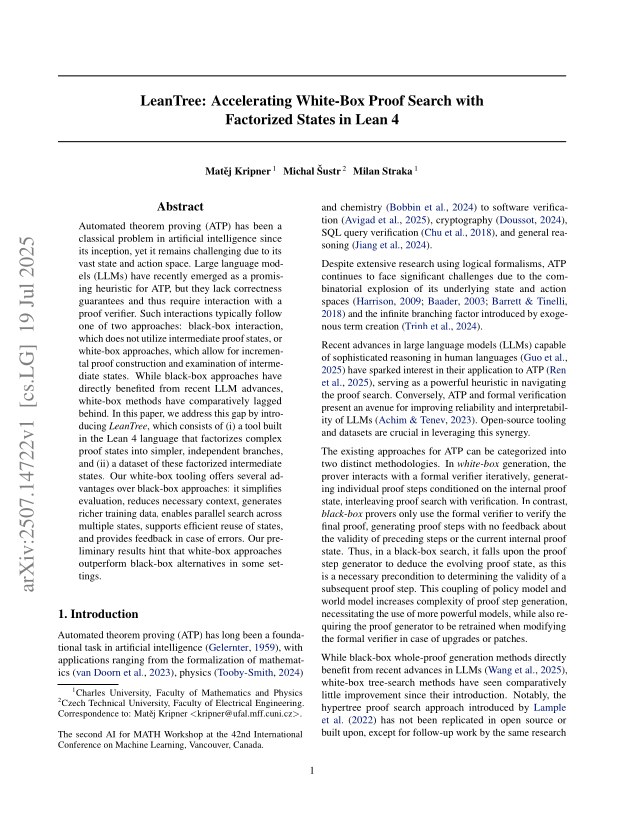 First page of LeanTree: Accelerating White-Box Proof Search with Factorized States in Lean 4
