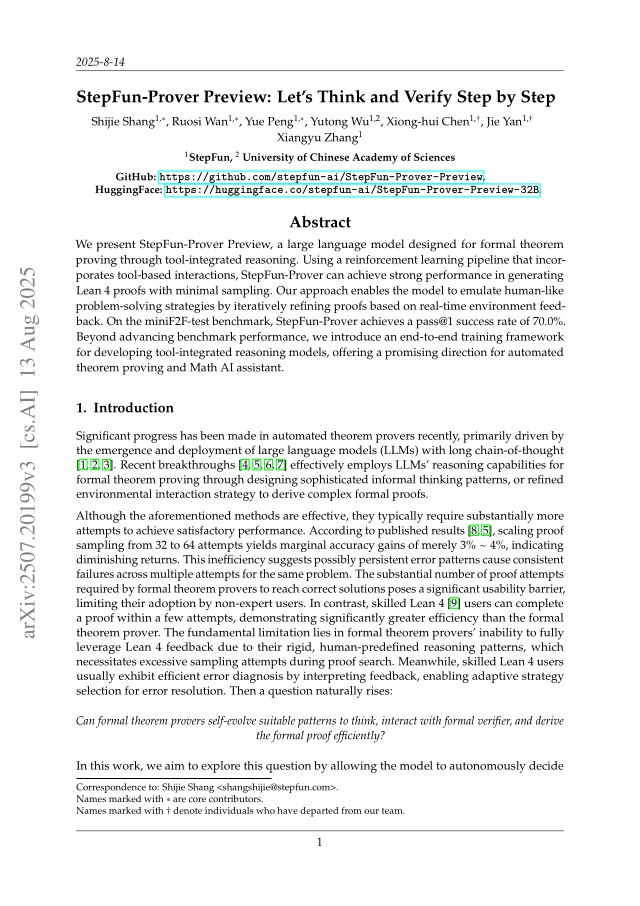 First page of StepFun-Prover Preview: Let's Think and Verify Step by Step