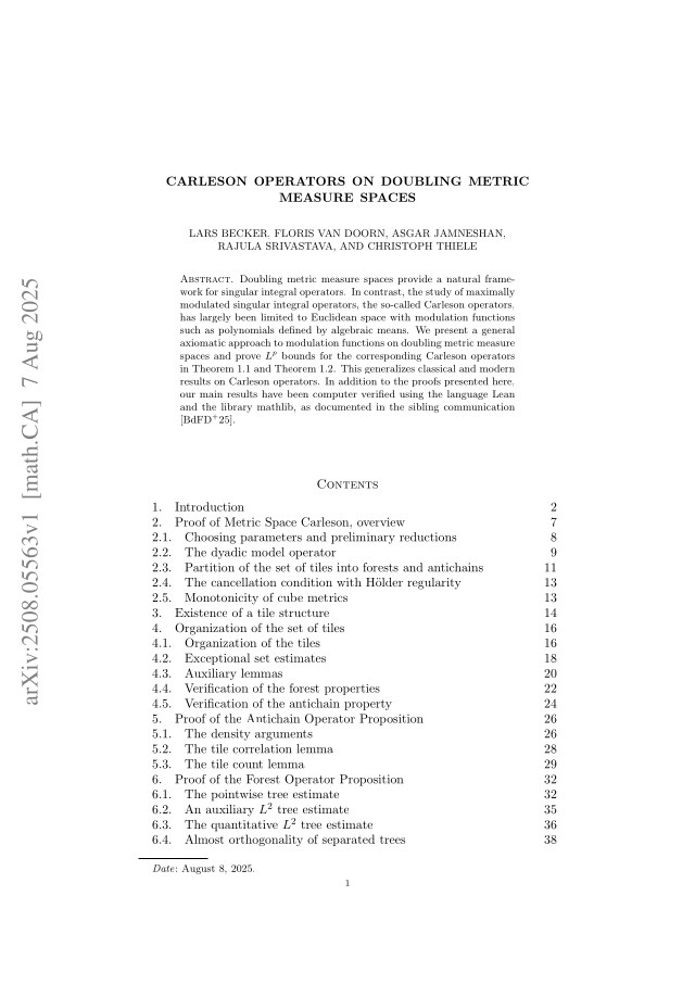 First page of Carleson operators on doubling metric measure spaces