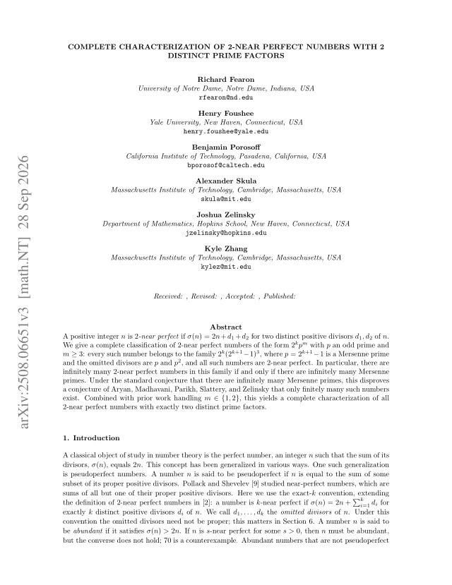 First page of Complete characterization of $2$-near perfect numbers with exactly 2 prime factors