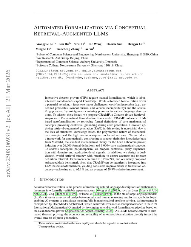 First page of Automated Formalization via Conceptual Retrieval-Augmented LLMs