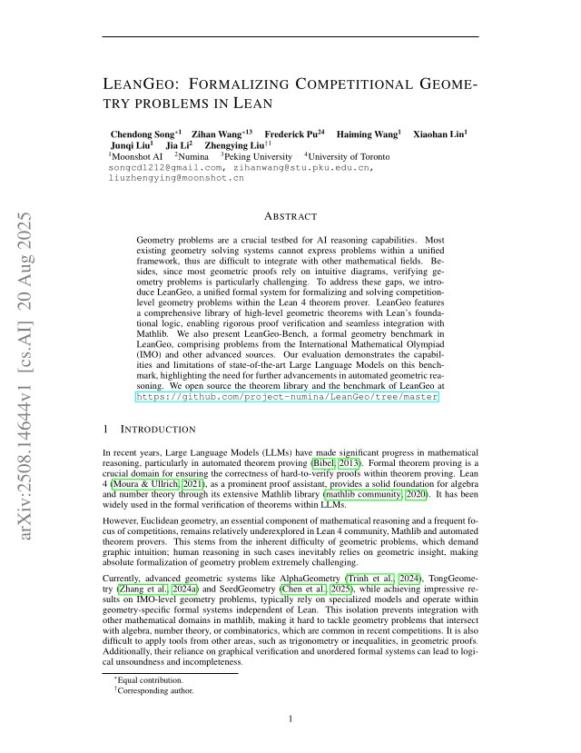 First page of LeanGeo: Formalizing Competitional Geometry problems in Lean