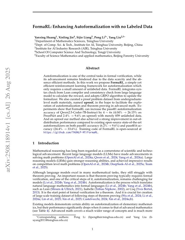 First page of FormaRL: Enhancing Autoformalization with no Labeled Data