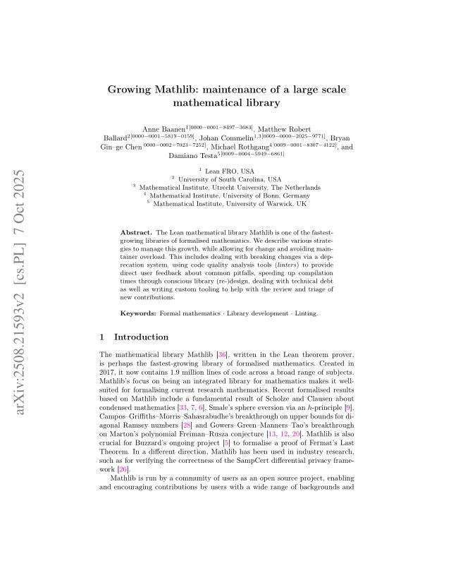 First page of Growing Mathlib: maintenance of a large scale mathematical library