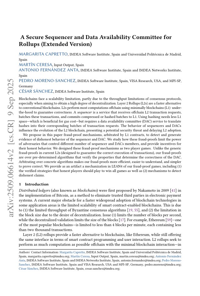 First page of A Secure Sequencer and Data Availability Committee for Rollups (Extended Version)
