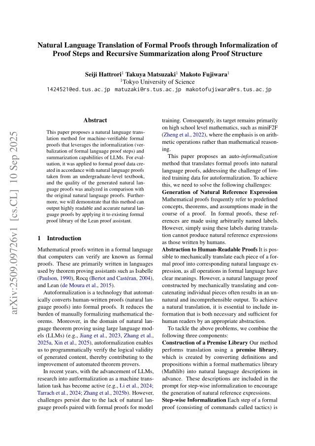 First page of Natural Language Translation of Formal Proofs through Informalization of Proof Steps and Recursive Summarization along Proof Structure