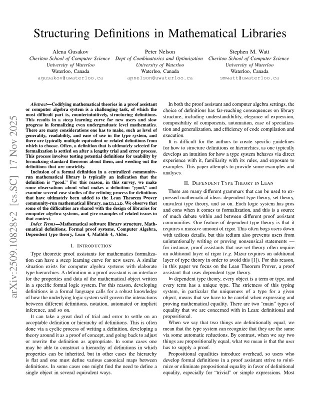 First page of Structuring Definitions in Mathematical Libraries