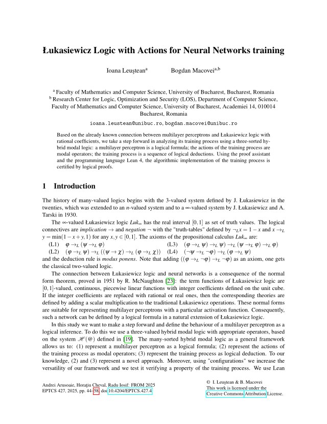 First page of Łukasiewicz Logic with Actions for Neural Networks training