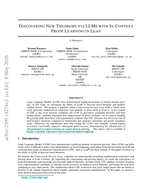 First page of Discovering New Theorems via LLMs with In-Context Proof Learning in Lean