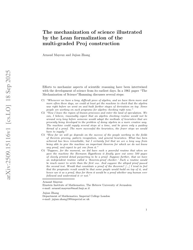 First page of The mechanization of science illustrated by the Lean formalization of the multi-graded Proj construction