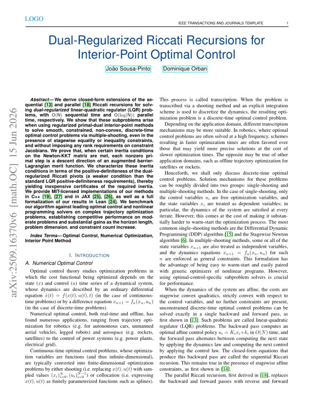 First page of Dual-Regularized Riccati Recursions for Interior-Point Optimal Control
