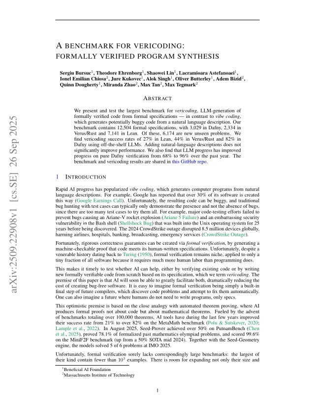 First page of A benchmark for vericoding: formally verified program synthesis