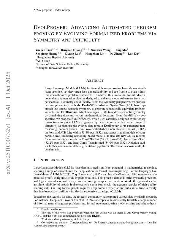 First page of EvolProver: Advancing Automated Theorem Proving by Evolving Formalized Problems via Symmetry and Difficulty