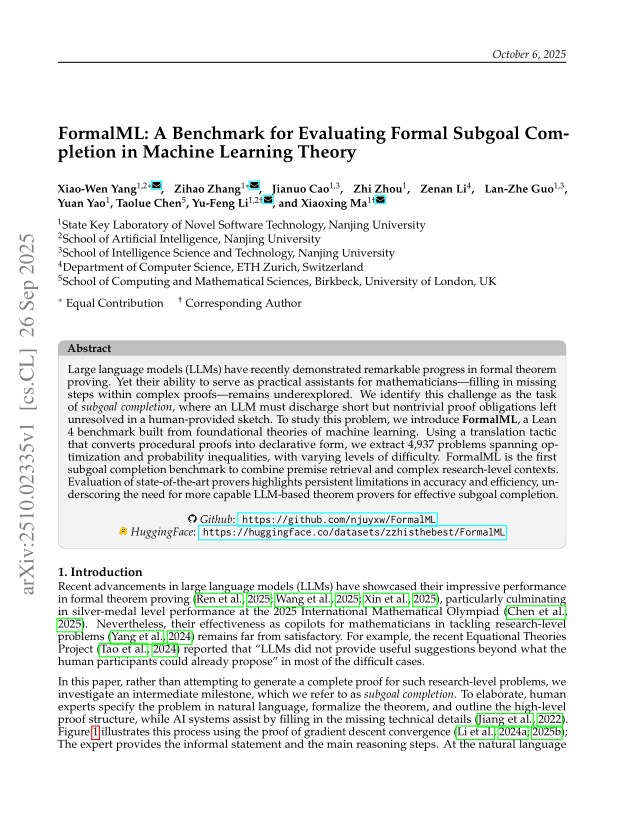 First page of FormalML: A Benchmark for Evaluating Formal Subgoal Completion in Machine Learning Theory