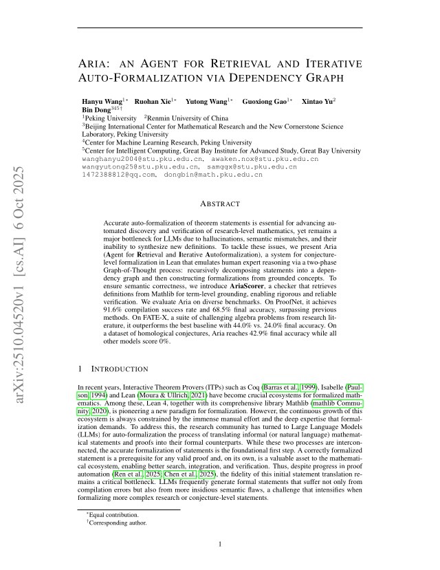First page of Aria: An Agent For Retrieval and Iterative Auto-Formalization via Dependency Graph