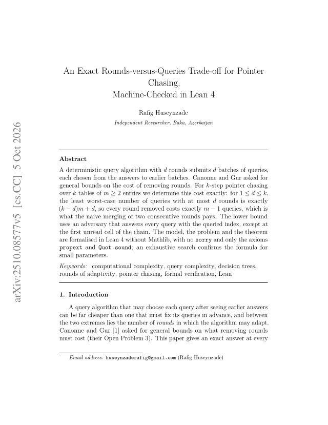 First page of An Exact Rounds-versus-Queries Trade-off for Pointer Chasing, Machine-Checked in Lean 4