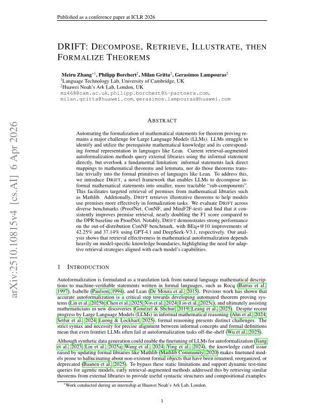 First page of DRIFT: Decompose, Retrieve, Illustrate, then Formalize Theorems